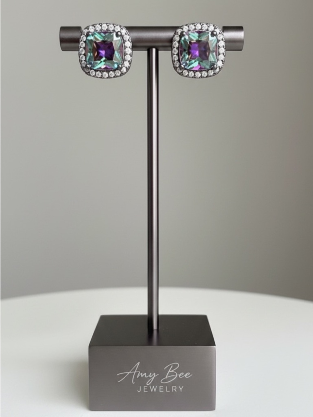 Gold Plated Mystic Topaz Square Halo CZ Stud Earrings - Multicolour. New.